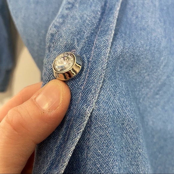 Vintage 90s Rhinestone Crystal Embellished Denim Tunic Shirt Star Medium Blue L - Picture 4 of 16